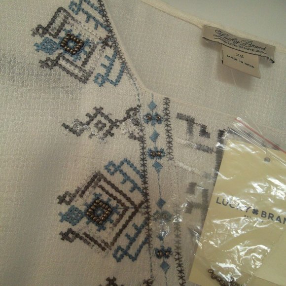 Lucky Brand Aztec Boho Embroidered Beaded Peasant Ivory Blouse - Picture 3 of 8